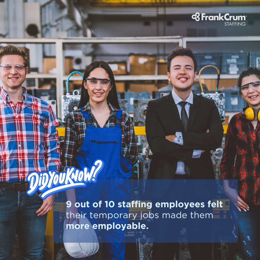 According to the American Staffing Organization, the work that staffing agencies like FrankCrum Staffing find for associates makes them more employable. 😎 #DidYouKnow #Staffing #FrankCrumStaffing #StaffingAgency #FunFact #TemporaryWork #ContractWork