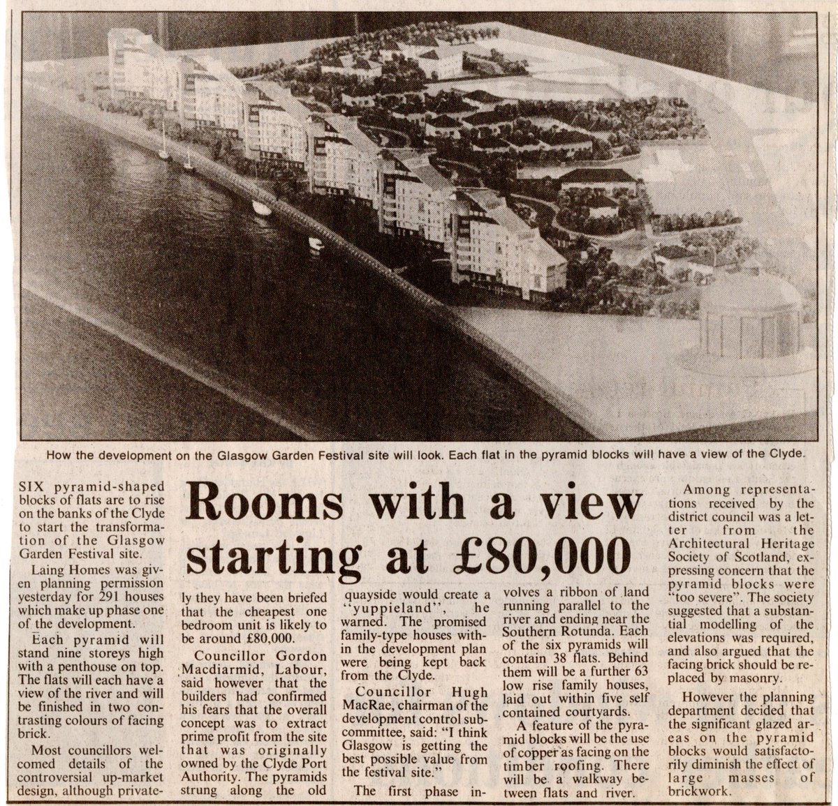 After the Garden Festival: a preview of what will become Mavisbank Gardens (AKA 'yuppieland' of 'controversial upmarket designs'). Herald Oct 25 1989