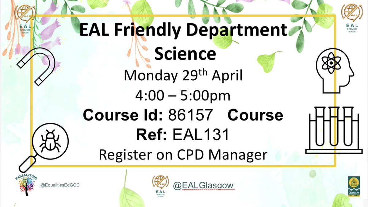 A reminder of our CLPL opportunity on Monday 29th April . EAL and Science.