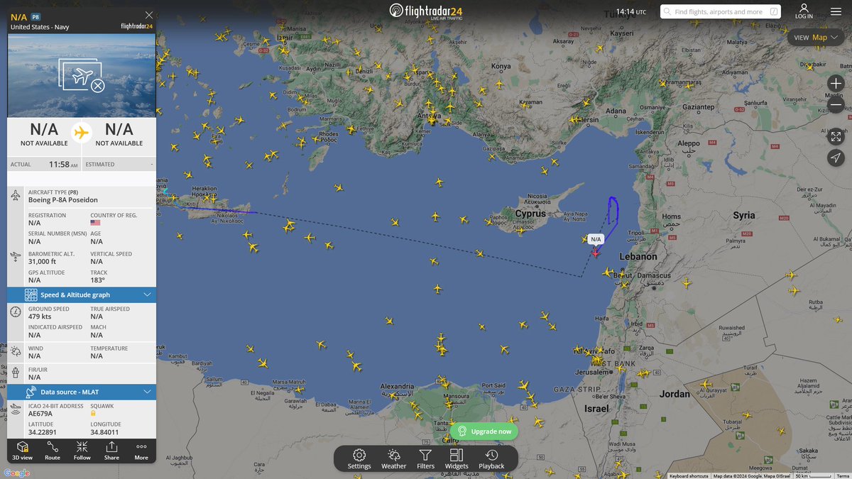 Apr. 23, 2024
#Souda Bay NAS #Mediterranean Sea #Lebanon-Syria-Israel offshore

#NoCALLSIGN #AE679A USN P-8A Poseidon