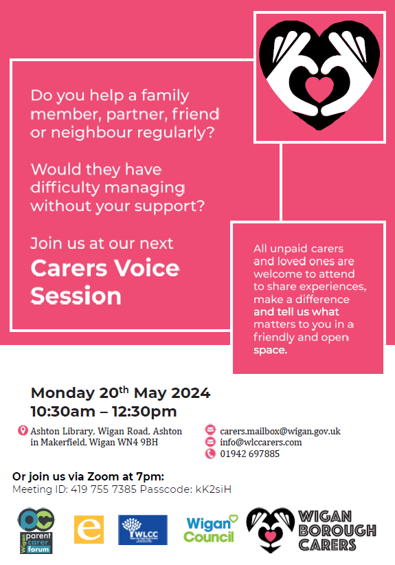 ❤️MAY CARER VOICE SESSION❤️ 🗓️ MONDAY 20TH MAY 2024 ⏰10:30-12:30 📍 ASHTON LIBRARY We will be joined by Joanne McAllister - Head of Patient Experience and Engagement from WWL NHS Foundation Trust. There will also be a zoom session at 7pm. We hope to see you there!❤️