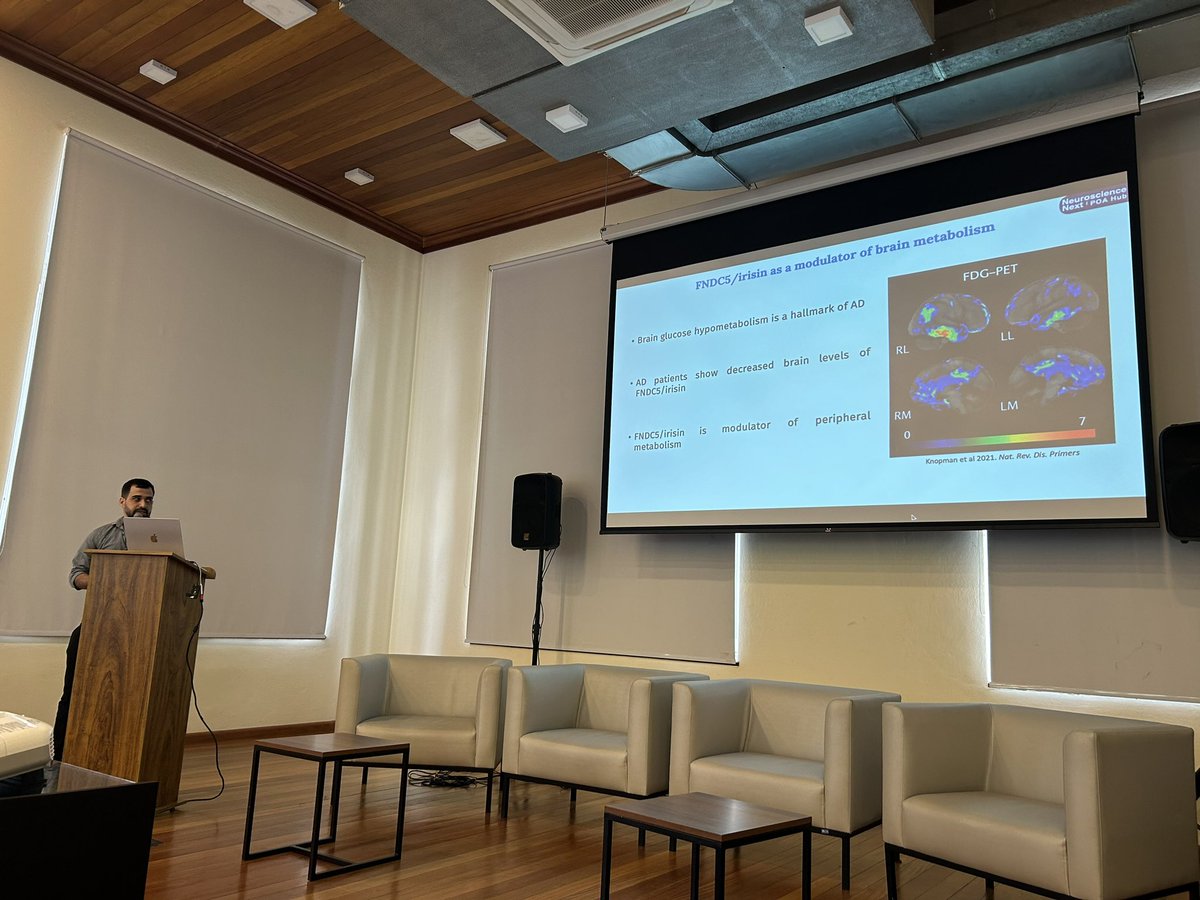 Amazing presentation by <a href="/aslfricardo/">Ricardo Lima Filho</a> from <a href="/mvlourenco/">Mychael Lourenco</a> group showing data about FNDC5 genetic variants in brain glucose metabolism at #AAICNeuroPOA!
