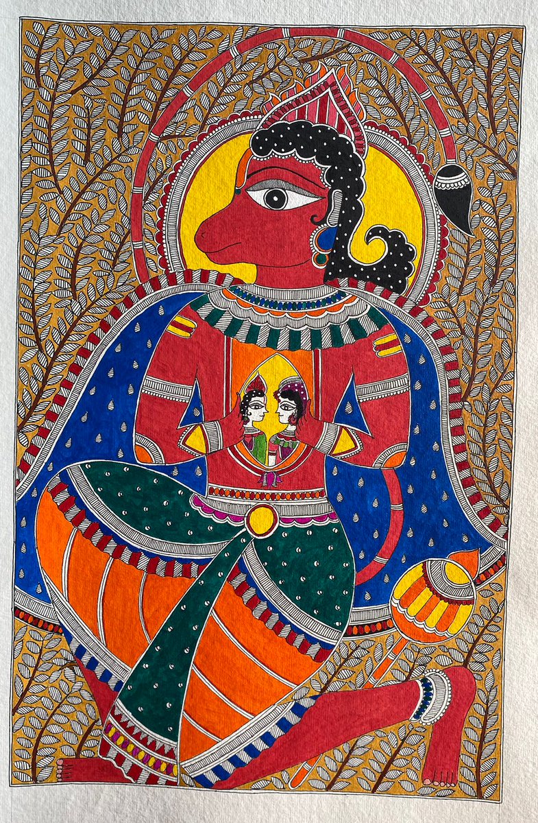 BiharUnfiltered's tweet photo. Preeti Dalwadi ji, a renowned artist of Mithila Art, masterfully captures the intrinsic beauty of folk art through her captivating depictions of Lord Hanuman, one of the most loved and revered Hindu deity. @KrishivArt https://t.co/dUz0QiMTcF