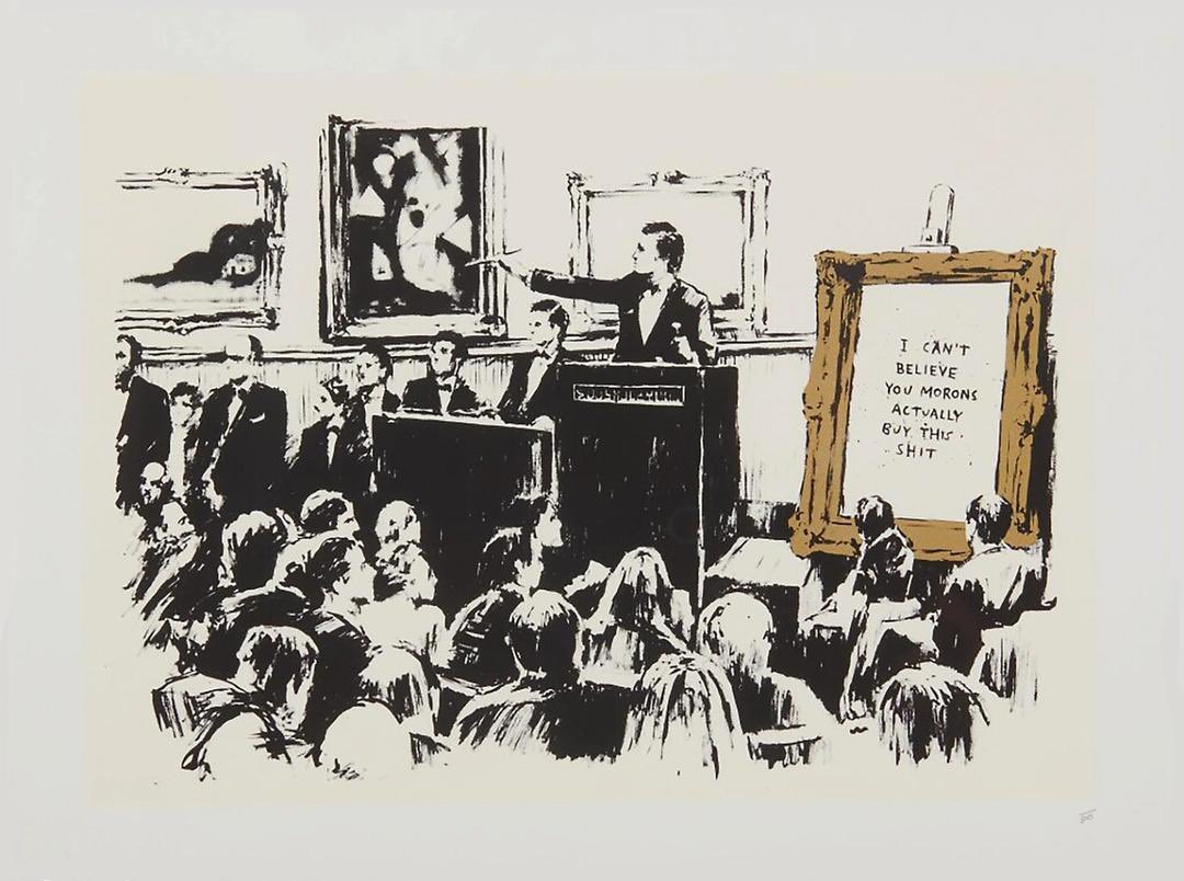 Zanth_'s tweet photo. Banksy’s *Morons* sums up my mood…generally. Maybe I should buy a print. Not because it would look good on my wall, but because it would be making a paradoxical statement. https://t.co/Dp1Ebm1oxG