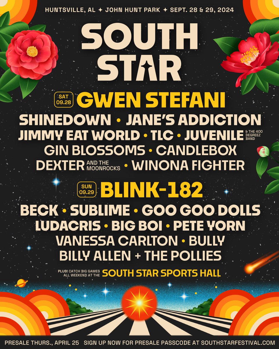 .@southstarfest is blasting off in Huntsville, AL this September 28-29 with @blink182, @gwenstefani, @beck, @Shinedown and so many more. Sign up today for your presale passcode and get your tickets this Thursday from 10-10:40 AM CT for the guaranteed lowest price:…