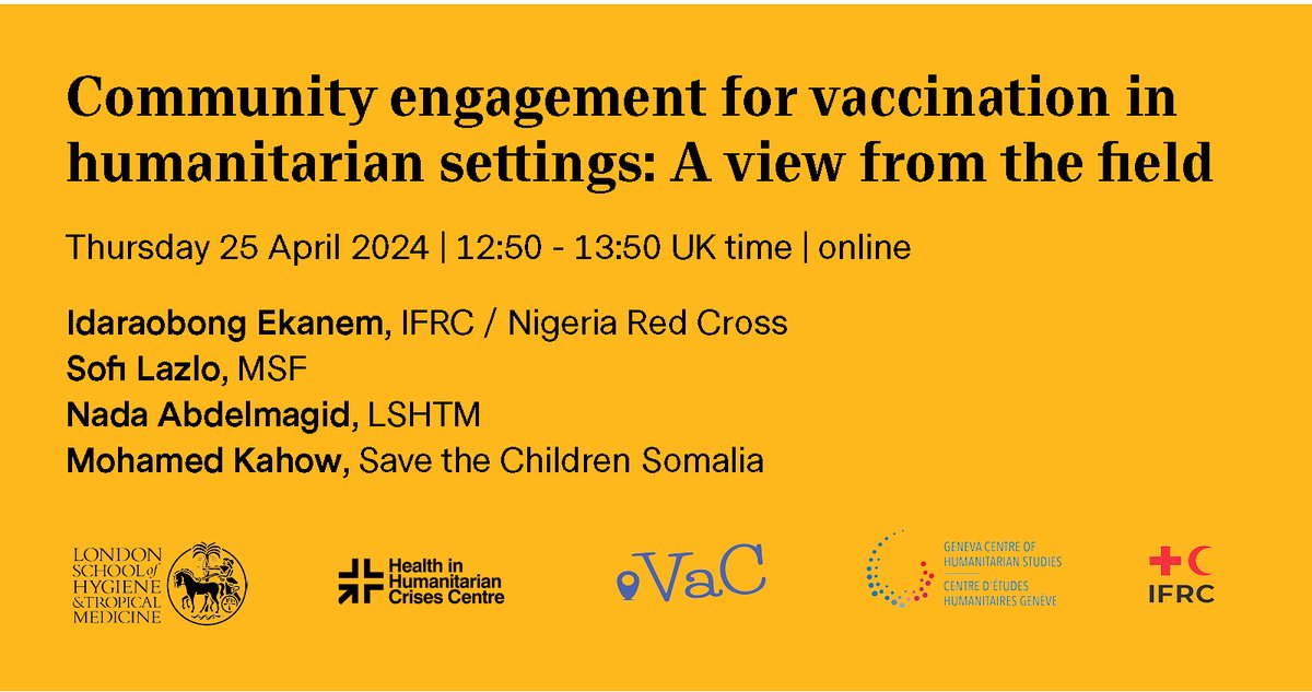 💻 We're holding a webinar this Thursday with @LSHTM_Vaccines bringing together experts working on & delivering community engagement for #vaccination campaigns in #humanitarian settings Tune in at 12:50-13:50 BST to hear from our panel of experts 👉bit.ly/4baakO3