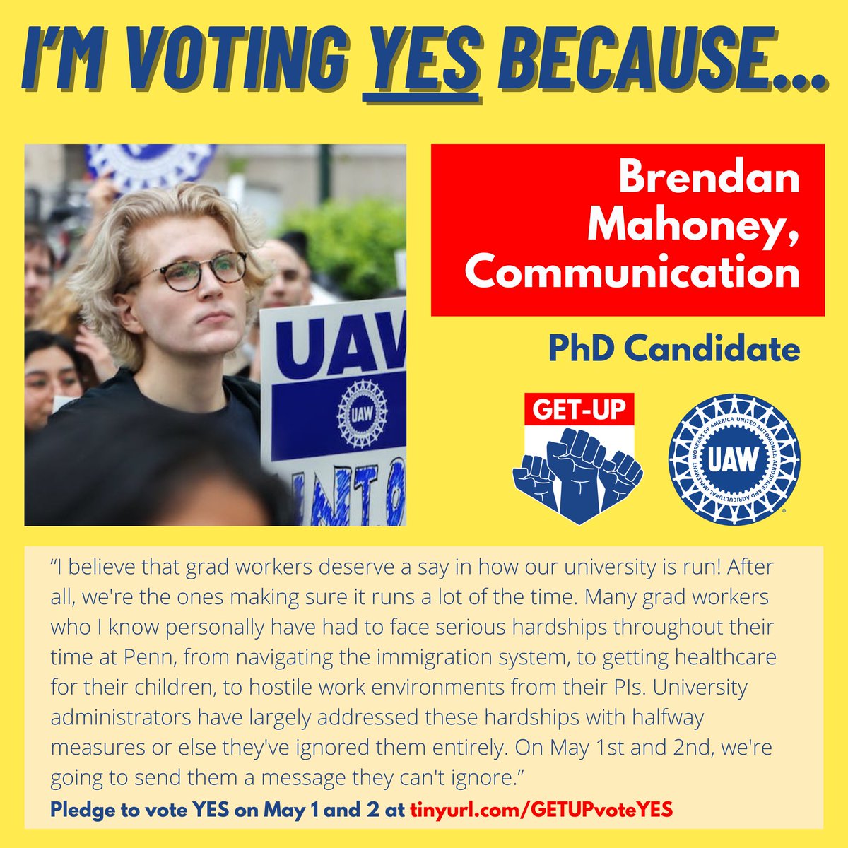 Brendan is voting yes because we should have a say in our own working conditions! It's time we stop relying on the good graces of administrators. Pledge to vote YES at tinyurl.com/GETUPvoteYES