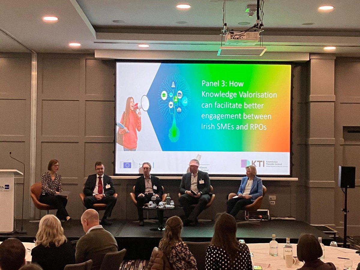 Last Panel discussion today was on how Knowledge Valorisation can facilitate better engagement between Irish SMEs and RPOs. Great to have Imelda Lambkin, previous Head of KTI as chair with Barry Cox, Brendan Duffy, James Sullivan and Kirsi Haavisto .