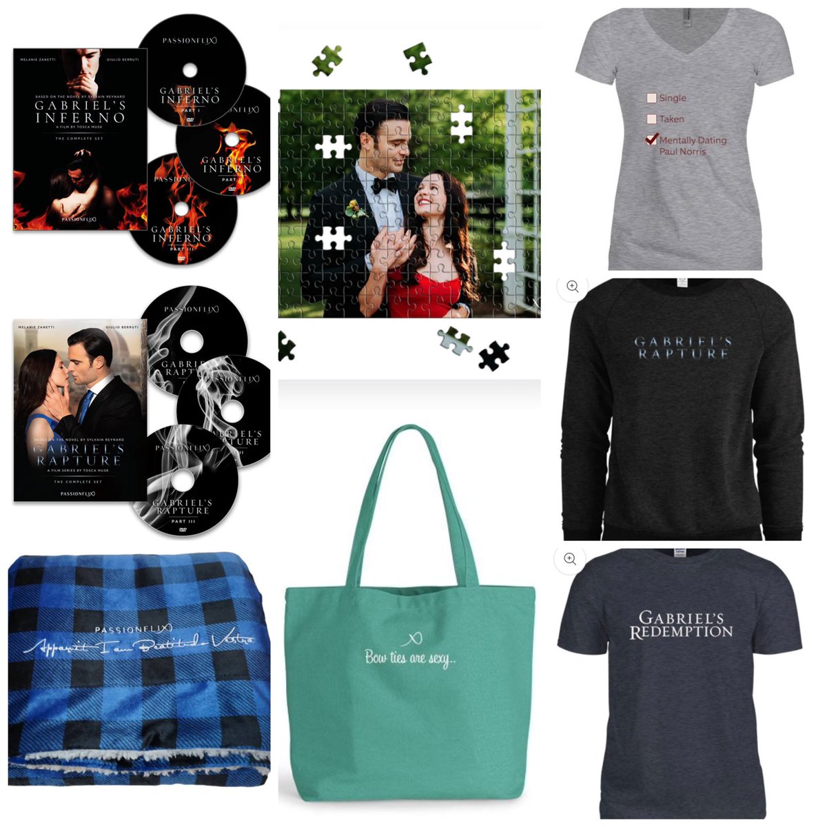 📣Check out @PassionFlix’s store. You’ll find DVDs, Gabriel's Rapture Jigsaw Puzzle, blanket, tote bags and apparel. 💿👜👕🛍️
#GabrielsInferno 
#GabrielsRapture
#GabrielsRedemption written by @sylvainreynard.
Directed by @ToscaMusk.
shoppassionflix.com