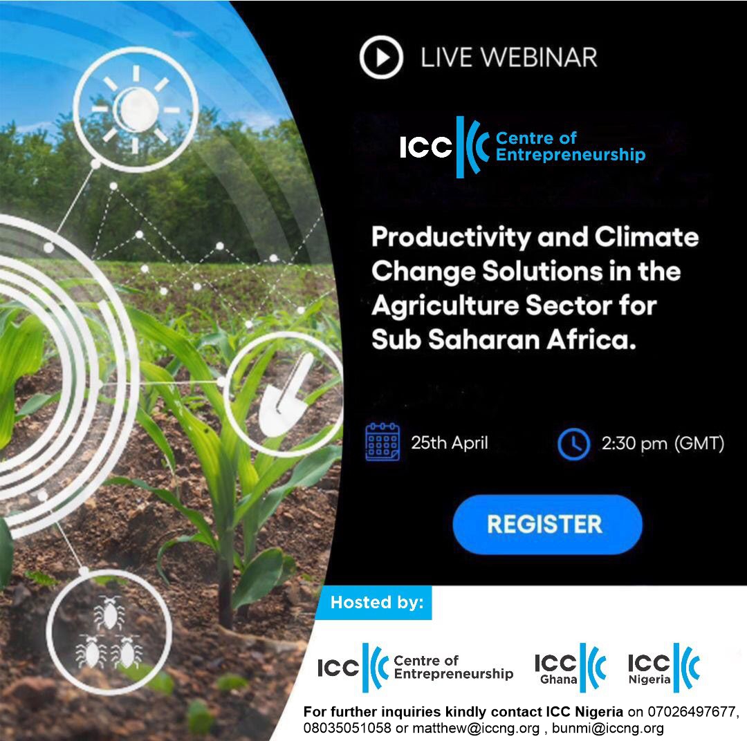 ICC Nigeria (@icc_nigeria) on Twitter photo Join us for a webinar focused on enhancing productivity and implementing effective climate change solutions within Sub-Saharan Africa’s agriculture sector.
Registration link: forms.office.com/e/x8i3nMeg0c
Contact ICCN on 07026497677, matthew@iccng.org Join us for a webinar focused on enhancing productivity and implementing effective climate change solutions within Sub-Saharan Africa’s agriculture sector.
Registration link: forms.office.com/e/x8i3nMeg0c
Contact ICCN on 07026497677, matthew@iccng.org