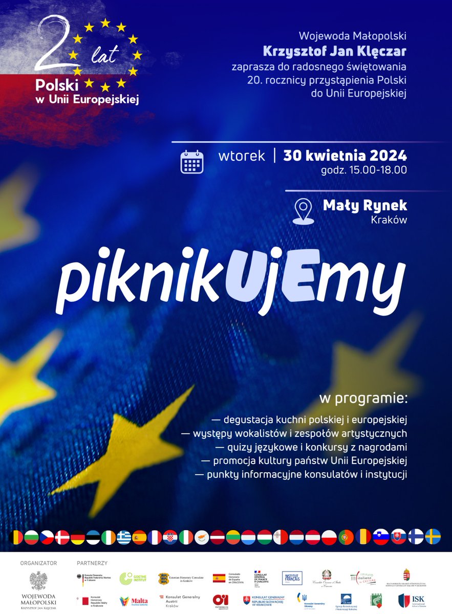 FranceCracovie's tweet photo. Le Consulat général de France à Cracovie et l'Institut français à Cracovie, vous invitent le 30 avril au pique-nique #européen ! 
Rejoignez-nous afin de célébrer ensemble le 20e anniversaire de l'adhésion de la Pologne à l'Union européenne. 🇵🇱🇪🇺 https://t.co/EdwxumrCqQ