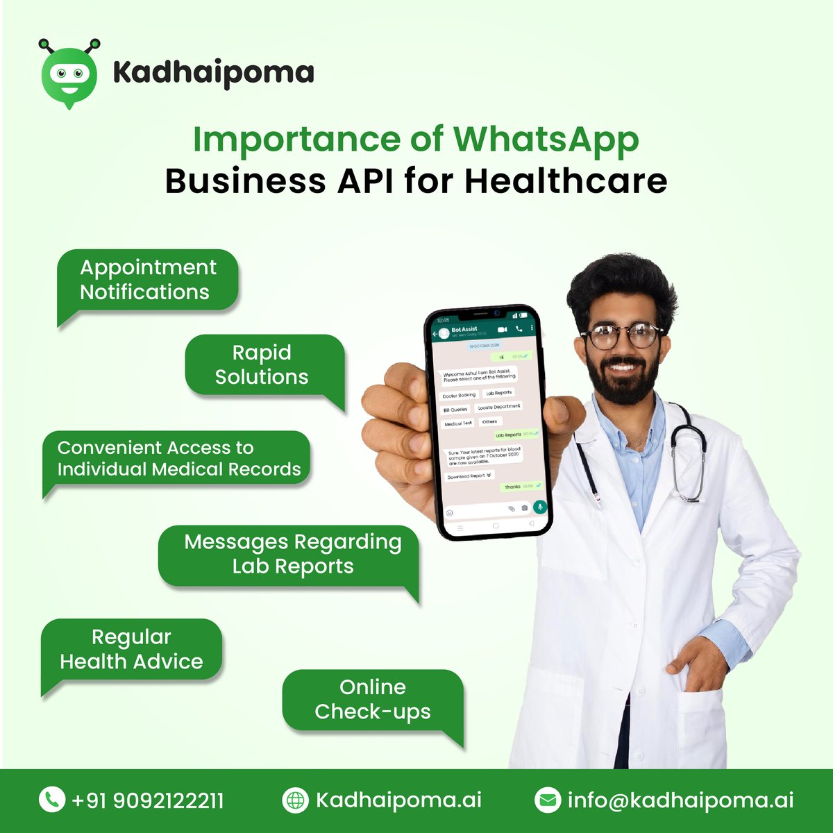 HeptoTech's tweet photo. Importance of WhatsApp Business API for Healthcare

Unlock the transformative potential of Kadhaipoma WhatsApp Business API in healthcare!

Seamlessly manage appointments with timely notifications, ensuring patients never miss a visit.

--> https://t.co/nYAhblm92G https://t.co/JO5ShqCix1