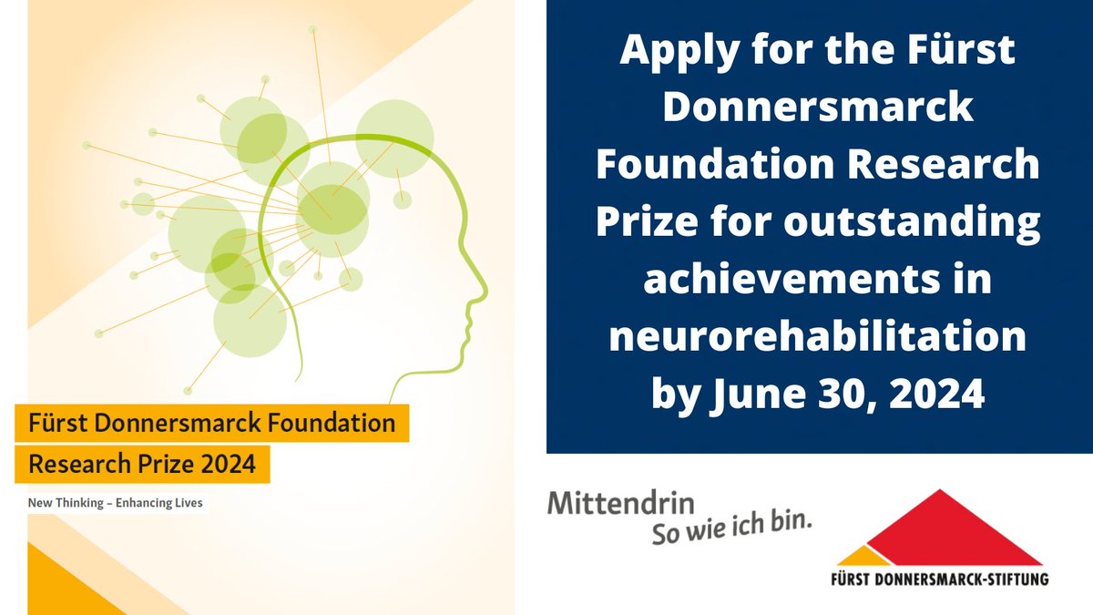 Reminder! 📢 Applications are open for the Fürst Donnersmarck Foundation in Berlin's Research Prize for outstanding achievements in the field of #neurorehabilitation! Apply by June 30th. Visit their website for more information: fdst.de/forschungsprei… @fdst_de #neurotwitter