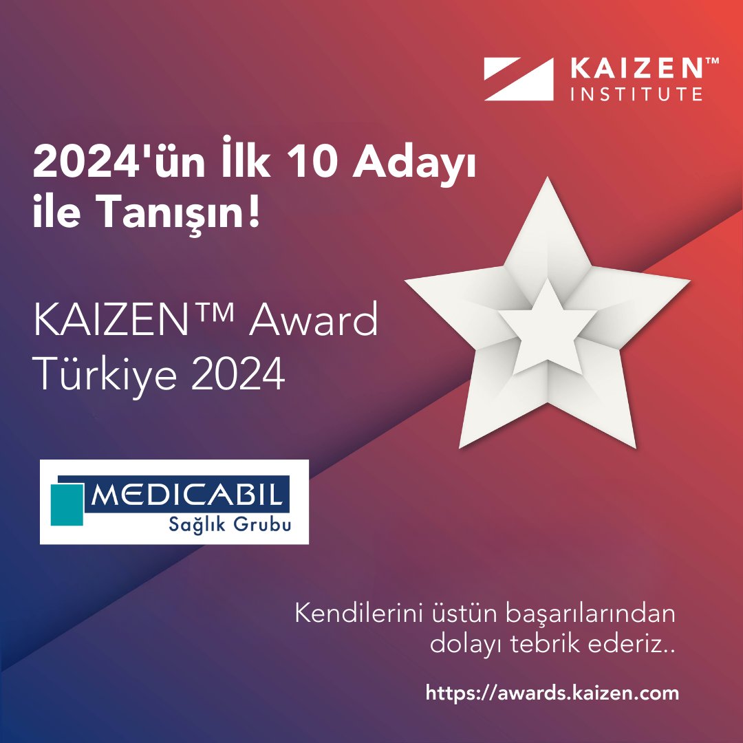 KAIZEN™ Award Türkiye 2024 ilk aşama değerlendirme sürecini tamamladık! İlk 10 aday arasında yer alan  Medicabil Sağlık Grubu - KAIZEN™ Award Türkiye 2024 ekibini üstün başarılarından dolayı tebrik ederiz 🥳
linkedin.com/feed/update/ur…
#AWARD #kaizen #Top10