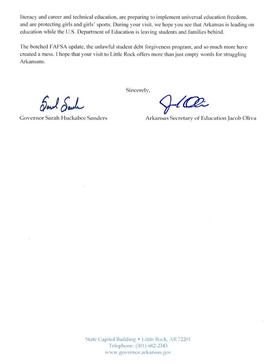 🚨 NEWS: Gov. @SarahHuckabee letter to @SecCardona on visit to AR: “Your department is a constant source of frustration for Americans and Arkansans.” “We welcome you to our state, but we fear that this visit will only serve to highlight some of your administration’s worst