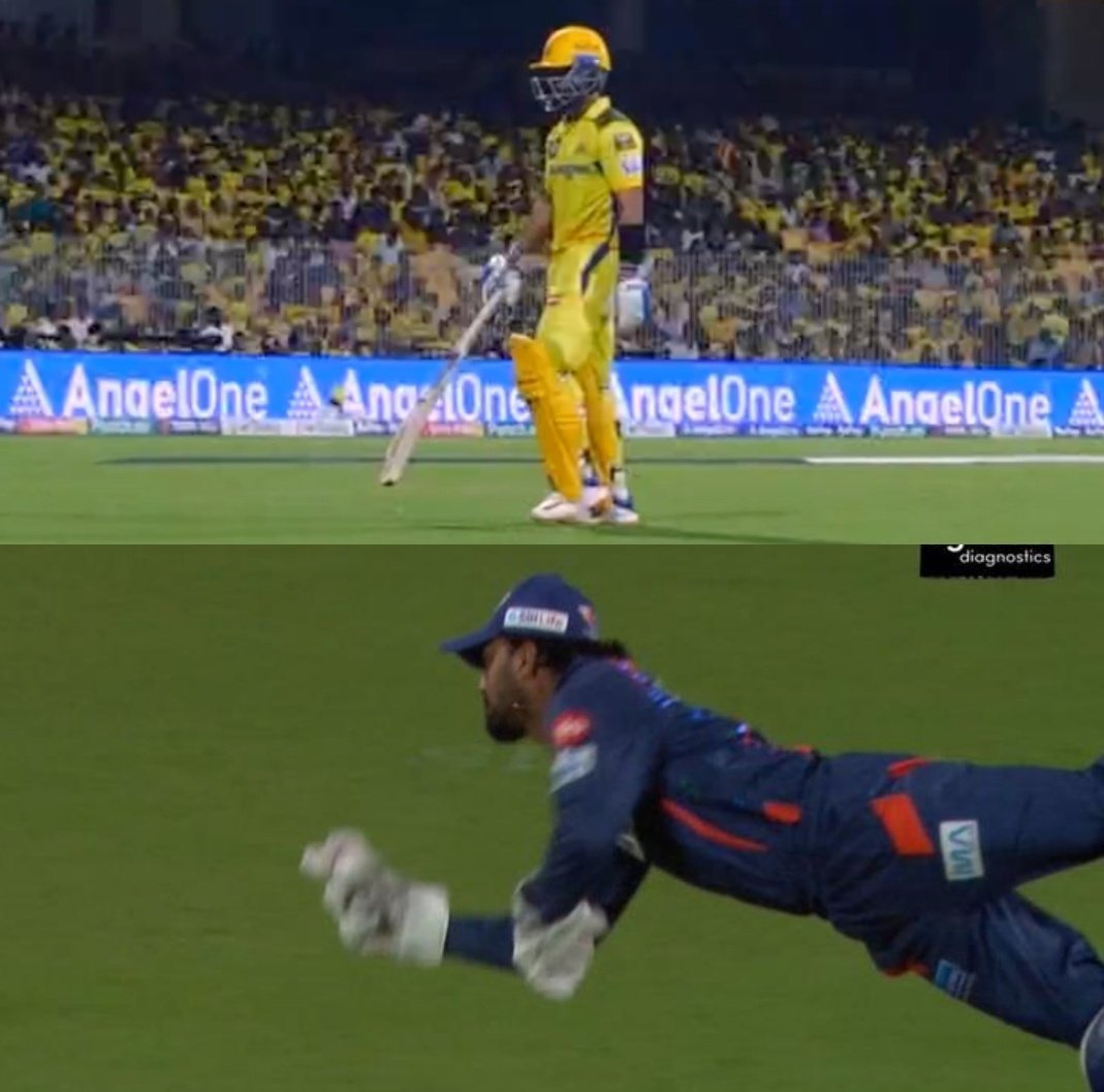 KL Rahul takes a stunning catch to dismiss Ajinkya Rahane for just 1 run. 👏

#AjinkyaRahane #KLRahul #CSKvLSG #IPL2024 #TATAIPL2024