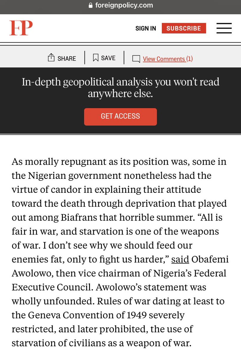 This was morally abhorrent from Obafemi Awolowo - for statistical context, fatality rates from combat during the entirety of the Civil war in Nigeria weren’t more than 100,000. The core of the 2 million deaths from the war were via the Naval food blockade on Biafra - a war crime.