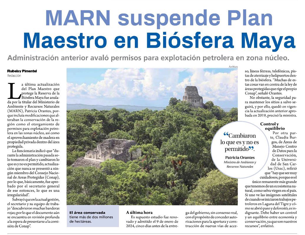 Esta decisión unánime en sesión del Consejo Nacional de Áreas Protegidas el pasado 16 de abril, fue decisiva para resguardar nuestra Reserva de Biosfera Maya. Como ministra presido el Consejo, también integrado por representantes de Ministerio de Cultura, INGUAT, CECON/USAC,…