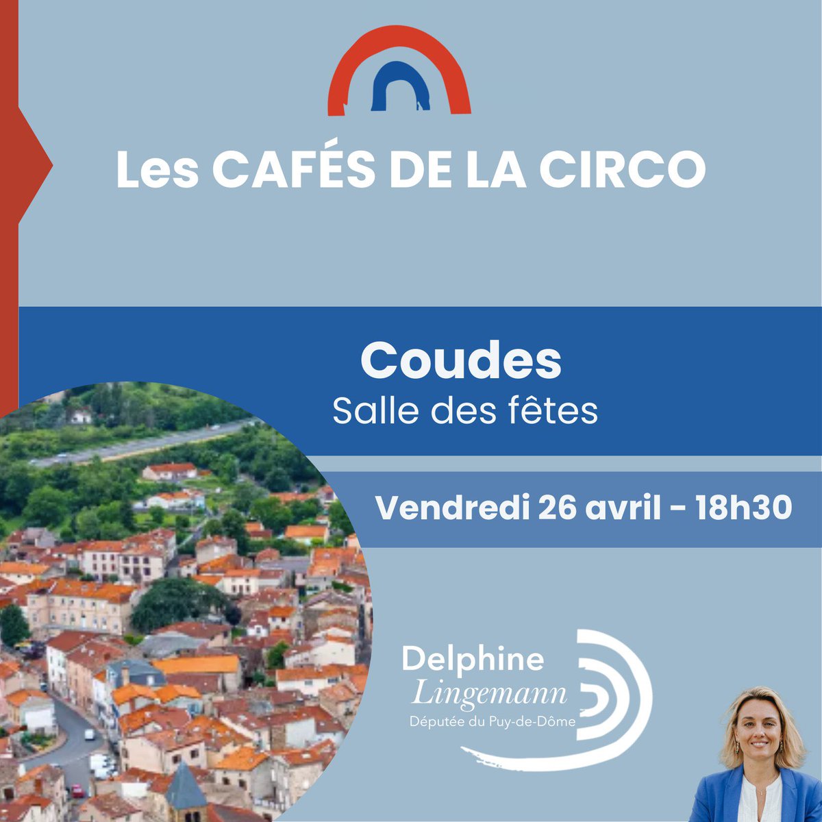 DelphLingemann's tweet photo. Prochain « café de la #circo6304 »
📍Coudes
🗓 Vendredi 26 avril, 18h30
💬 Nous échangerons sur les sujets de votre choix…
🤝 dans une ambiance conviviale, dans le respect des opinions de chacun pour trouver des solutions collectives !
#VousEcouterPourAgir #députée #Coudes https://t.co/w4a8MVyEAK