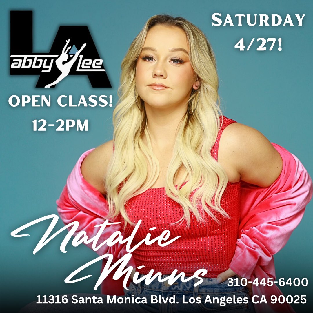 ALDC_official's tweet photo. Happy Monday!!! Be in class this weekend with @natalie_minns at #ALDCLA β¨
π Saturday, April 27th
π11316 Santa Monica Blvd, Los Angeles CA
π: 310-445-6400 πinfo@abbyleedancecompany.com
#aldc #abbylee #abbyleedancecompany #aldcalways #aldclosangeles #dancemoms #ladancer https://t.co/cfHgg1hCjh