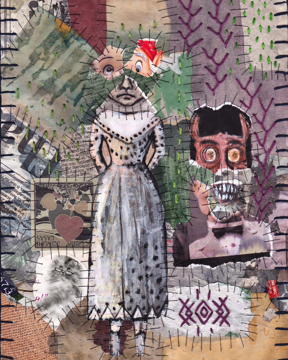 “Viridis Diaboli” -21.04.2024 .. #outsiderart #mixedmediatextiles #paintingonprint #paintingonfabric #stitchedcollage #primitivecontemporary #rawartist #reddevil #victoriandress #paperdoll #ephemeracollage #tornpaper