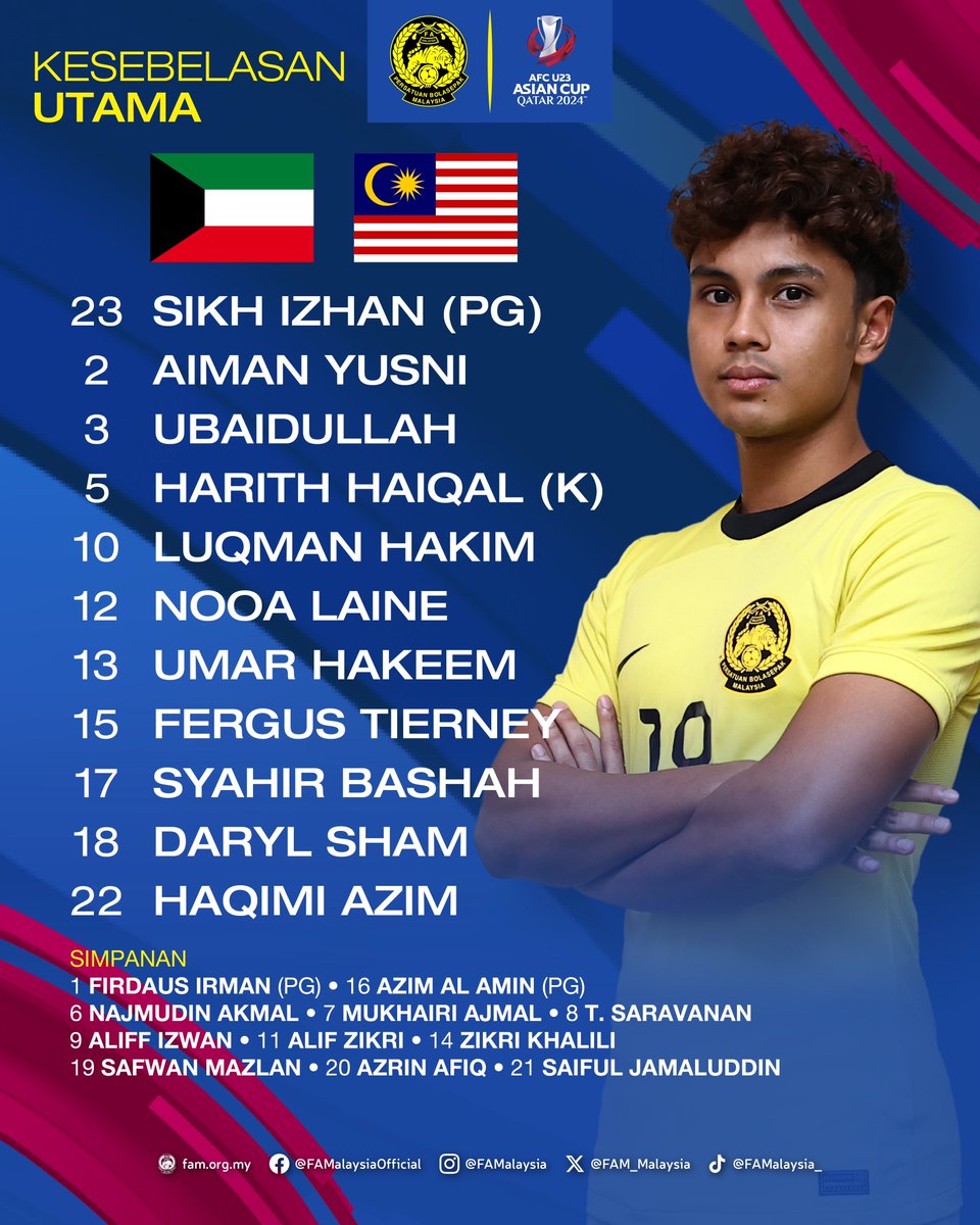 Kesebelasan Utama & Pemain Simpanan Harimau Malaya B-23 Kumpulan D, Piala Asia B-23 2024 | Selasa, 23 April 2024 ⚽️ KUWAIT B-23 🇰🇼 🆚️ 🇲🇾 MALAYSIA B-23 🏟 Stadium Al Janoub, Qatar 🕡 6.30 petang ini (QA) 🕦 11.30 malam ini (MY) #FAM #HarimauMalaya #AFCU23