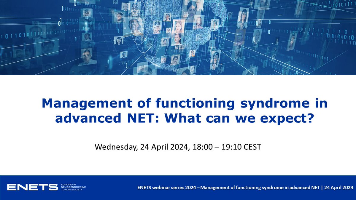 Don't miss out on tomorrow’s interactive #ENETS webinar: Learn from C. Toumpanakis, @deHerderWW, @simonag56739514 and @louis_demestier how to manage functioning syndrome in advanced #neuroendocrine tumors. To join log in to myENETS or create an account at: my.enets.org/register