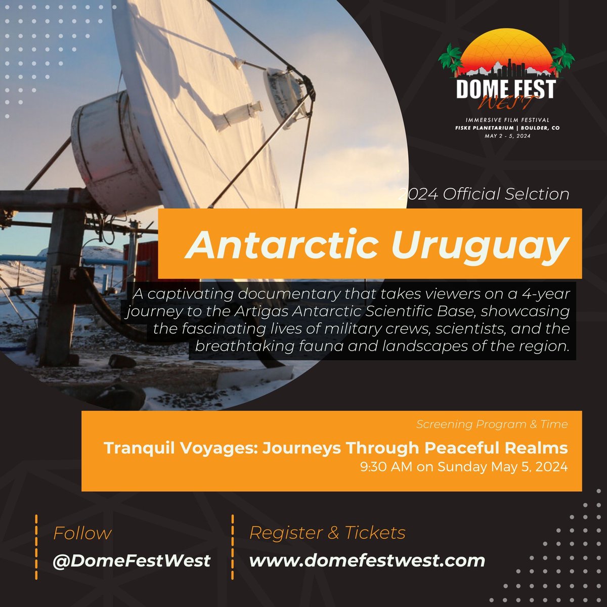 Explore Antarctica at Dome Fest West 2024 with 'Antarctic Uruguay'! 🌍 Directed & produced by Leo Scarone, this 360° documentary takes you to Artigas Base. Experience it live! ❄️🐧 #DomeFestWest #AntarcticUruguay #DocumentaryFilm #InnovativeCinema #Antarctica