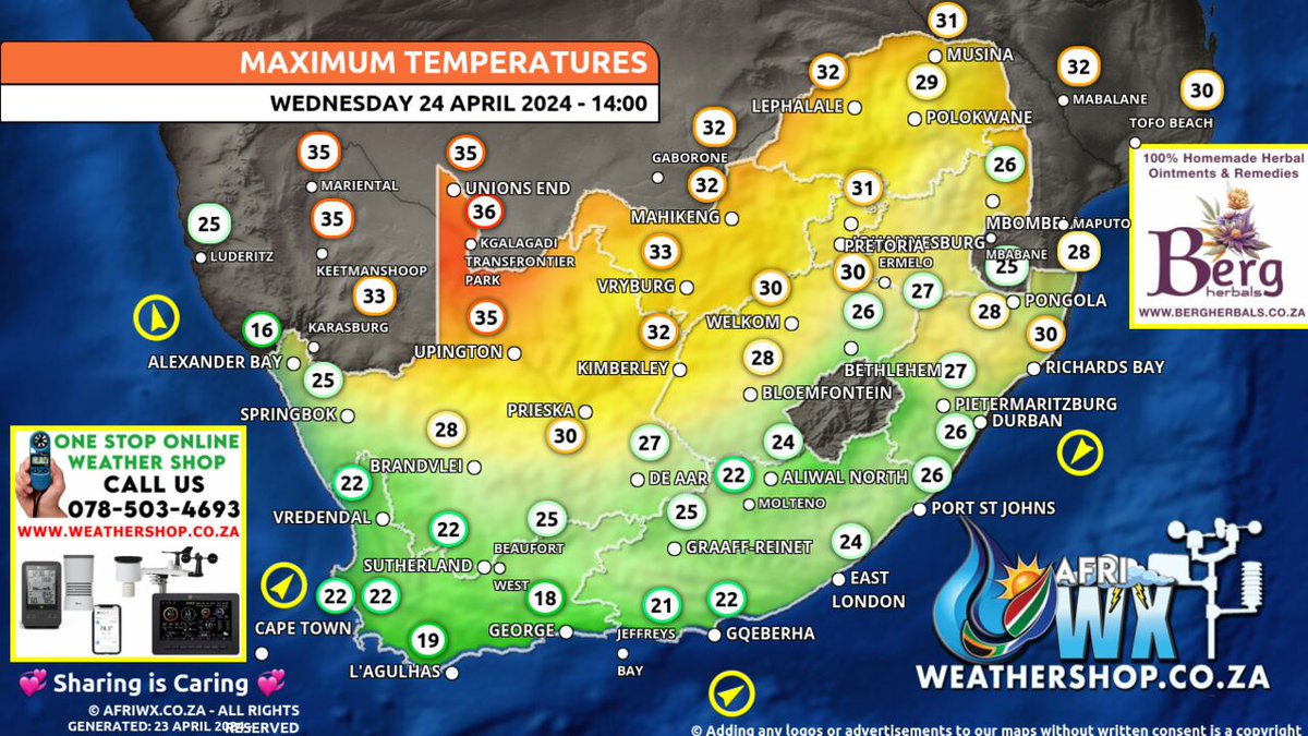 Your Maximum Temperatures for Tomorrow - Wednesday 24 April 2024 - #WeatherForecast #AfriWX #weathermaps