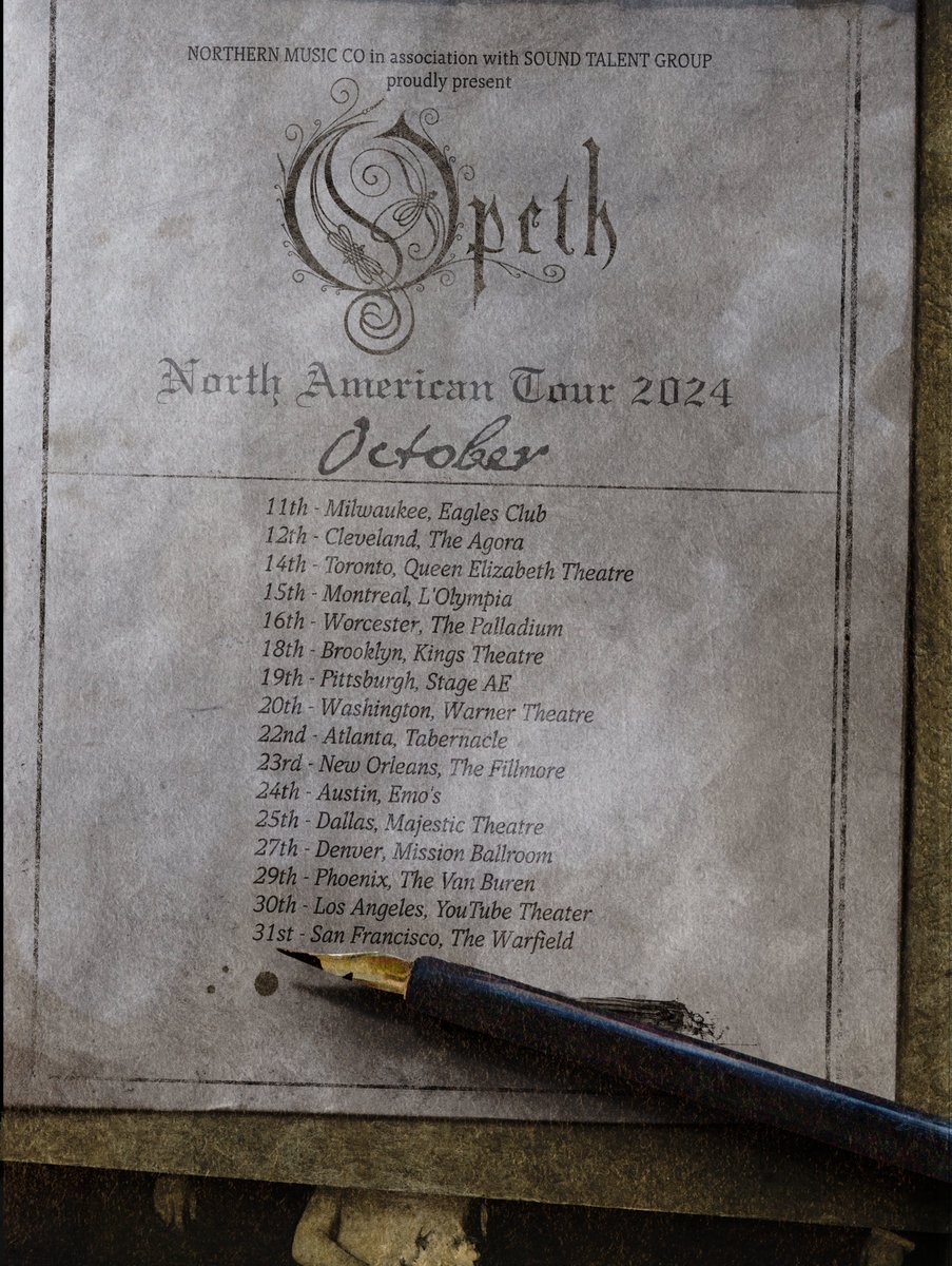 OfficialOpeth's tweet photo. Opeth are very pleased to announce a new tour for North America this October! Tickets go on sale this Friday at 10am local time with various pre-sales starting tomorrow.

Check out https://t.co/LIBjiKVdyg for more info. https://t.co/KMMKDlCxtN