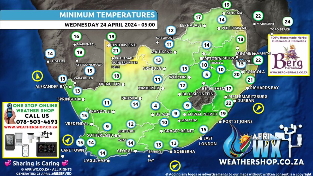 Low Temperatures for Tomorrow and Overnight Minimums - Wednesday 24 April 2024 - #WeatherForecast #AfriWX #weathermaps