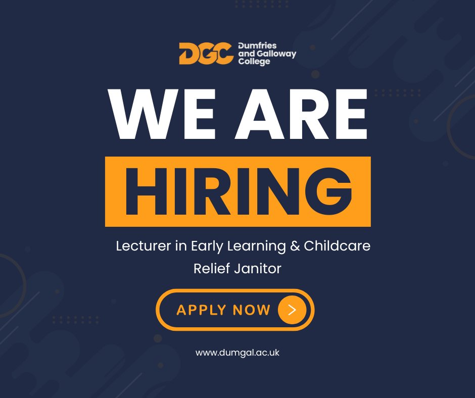 📢We're hiring We have some exciting positions available. If you can make a difference in one of our teams, apply today! Available positions: 🌟Lecturer in Early Learning & Childcare, Dumfries Campus 🌟Relief Janitor, Stranraer Campus Apply ➡️ bit.ly/3sSZATO