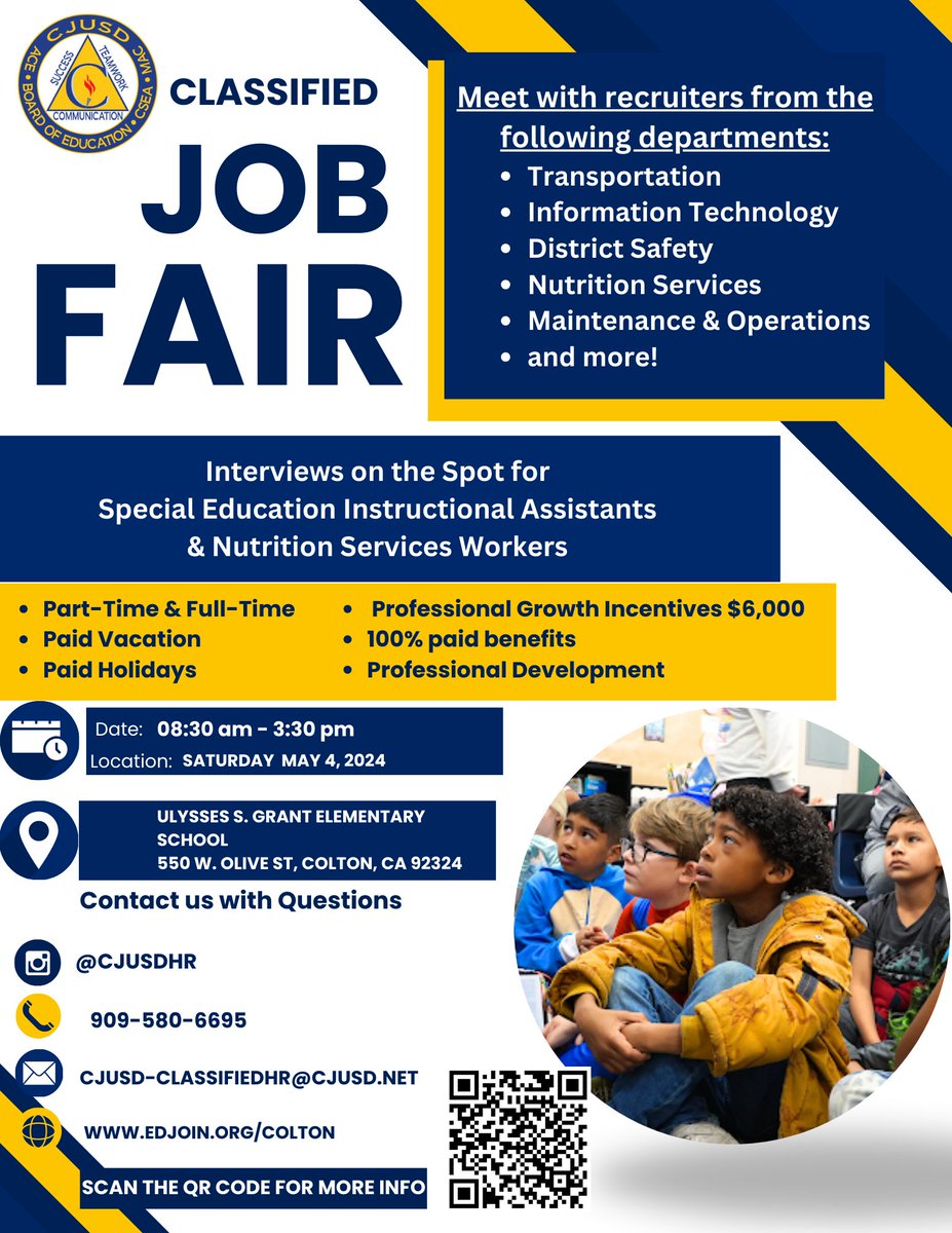 Kickstart your career with the #CJUSD at our Classified Job Fair on Saturday, May 4th! Take advantage of on-the-spot interviews for Nutrition Service Workers and Instructional Aides. Connect with department leaders and discover more about upcoming vacancies.