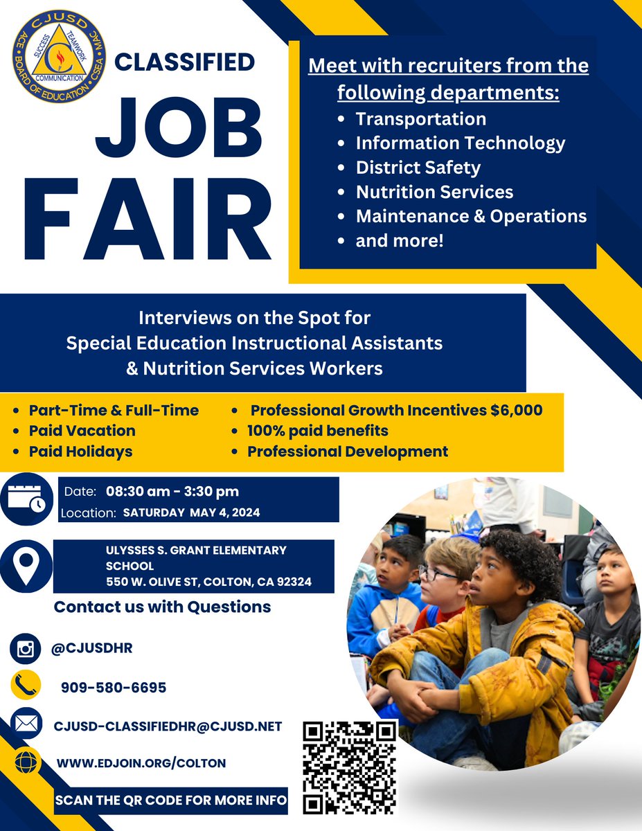 CJUSDHR's tweet image. Kickstart your career with the #CJUSD at our Classified Job Fair on Saturday, May 4th! Take advantage of on-the-spot interviews for Nutrition Service Workers and Instructional Aides. Connect with department leaders and discover more about upcoming vacancies.