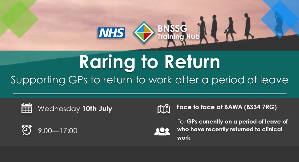 📆 Join us for this full day face to face event ➡️ Raring to Return - supporting GPs to return to work after a period of leave 👇Register here forms.office.com/pages/response… #returntowork #GPs #nhs #BNSSG #event