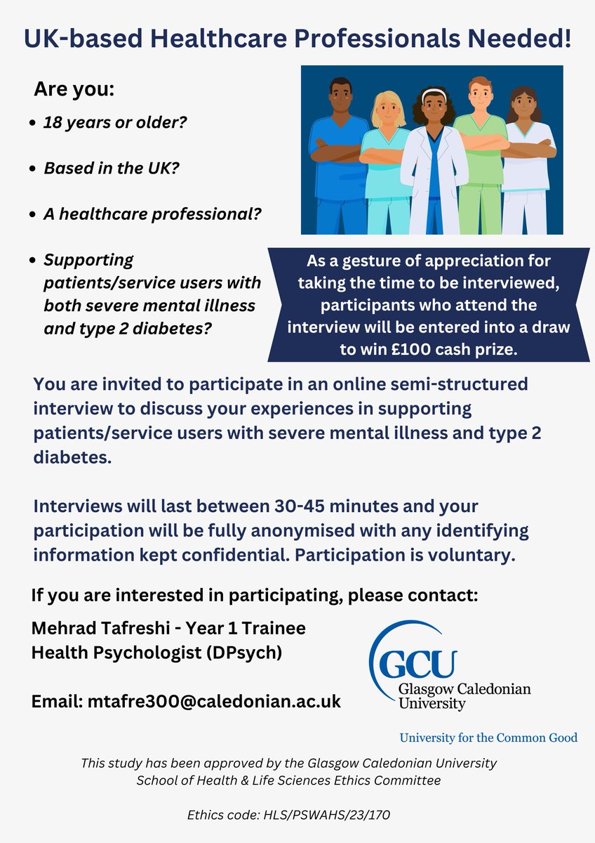 Reposting my Year 1 DPsych study with additional changes: I'm looking to interview healthcare professionals in the UK on their experiences supporting patients/service users with severe mental illness and Type 2 Diabetes. Please do share widely and/or contact me if interested😊