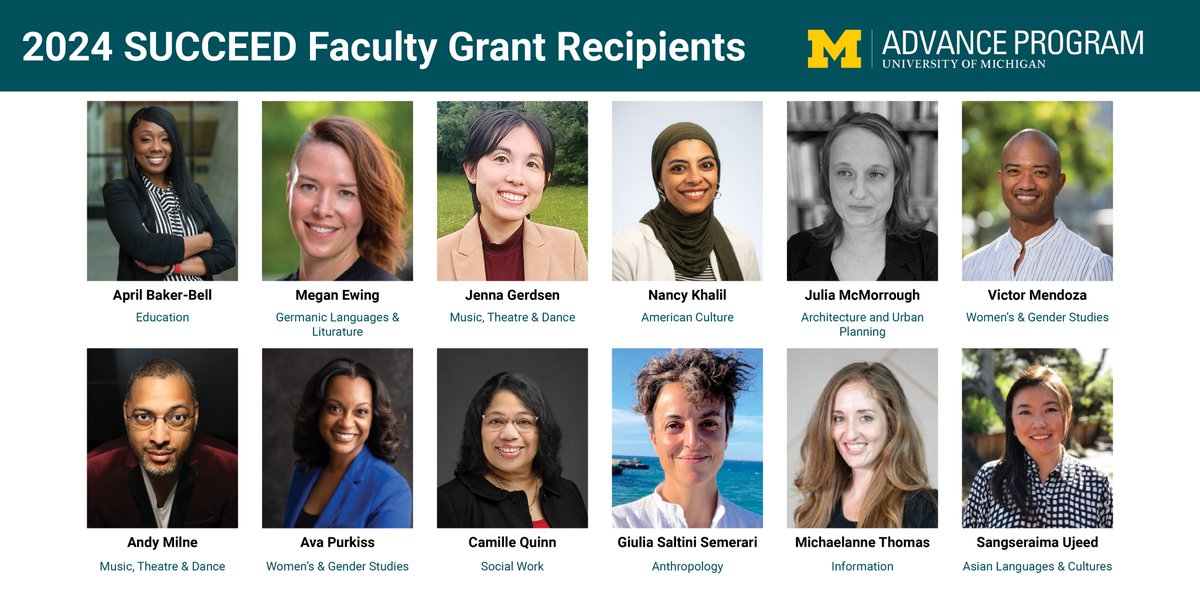 Congratulations to our 2024 SUCCEED Faculty Grant Recipients! ADVANCE awarded 12 Grants to faculty in the arts, humanities, and social sciences. Competition reopens early 2025. advance.umich.edu/succeed/ @TaubmanCollege @umsi @umichsmtd @umichLSA @UMSocialWork @UMichEducation