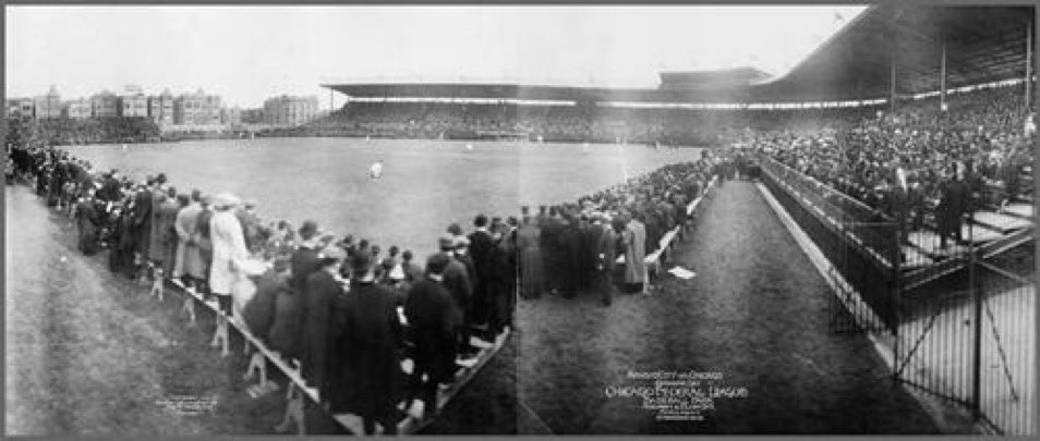 MLBcathedrals's tweet photo. Wrigley Field turns 110 today! 🎂

Here’s shot of the first game at Weeghman Park, which opened 110 years ago, today. The Federal League’s Chicago Whales beat the Kansas City Packers 9-1. Two years later the #Cubs would take control of the park and eventually settle on the name Wrigley Field in 1927. Was known as Cubs Park  1920-1926.