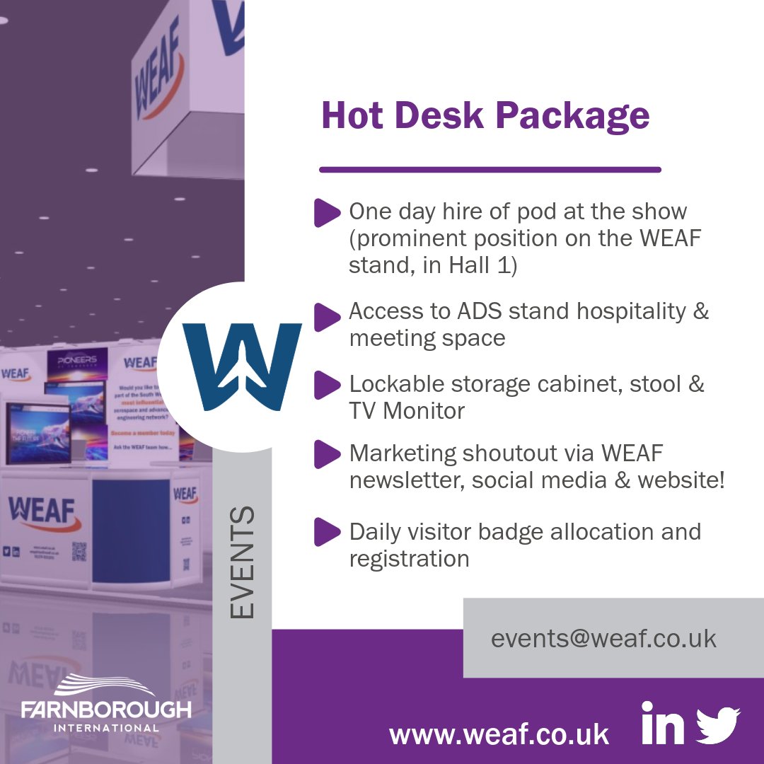 ✈ Are you planning to attend @FIAFarnborough International Air Shows this year?! Make the most of our exclusive hot desk package and hire a pod for a day 🙌 If you would like to book or find out more simple email events@weaf.co.uk weaf.co.uk/event/farnboro… #WEAF #FIA