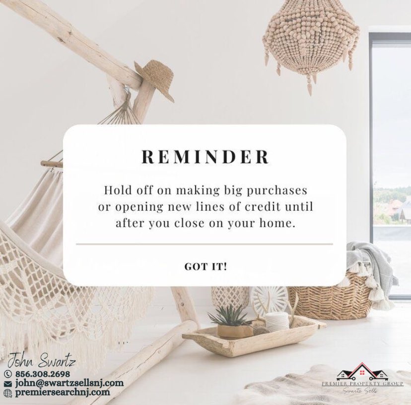 Happy Tuesday!☀️

Please remember to hold off on those big purchases. This is crucial to your closing process. 💲🏡

#premierpropertygroup #swartzsells #swartzsellsnj #swartzsellspa #swartzsellsde #remaxrealtor #remaxpreferred #closingday