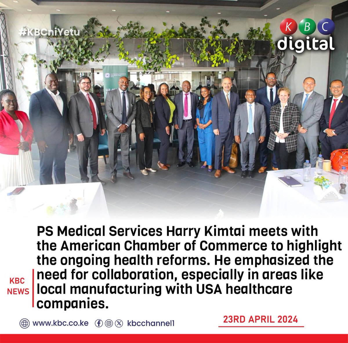 PS Medical Services Harry Kimtai meets with the American Chamber of Commerce to highlight the ongoing health reforms. He emphasized the need for collaboration, especially in areas like local manufacturing with USA healthcare companies. #KBCniYetu^EM