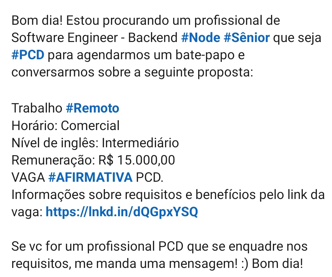 tapiocabomdms's tweet photo. Bom dia! Essa semana estou trabalhando essa #vagatech afirmativa #pcd 
Se faz sentido p vc ou pra alguém que vc conhece me dá um toque :) https://t.co/ZeVtU0Iikz