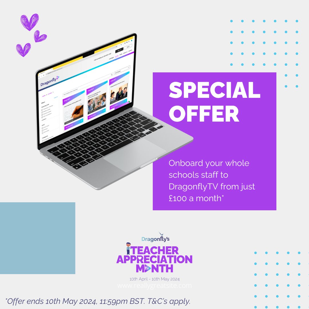 Onboard your WHOLE STAFF onto DragonflyTV for as little as £100 a month this 'Teacher Appreciation Month' 🙌 Affordable, on-demand, high-quality CPD for all! Find out more: loom.ly/Xcd3IRc 💜 *T&Cs apply #teacherappreciationmonth #dragonflyappreciatesteachers #CPD