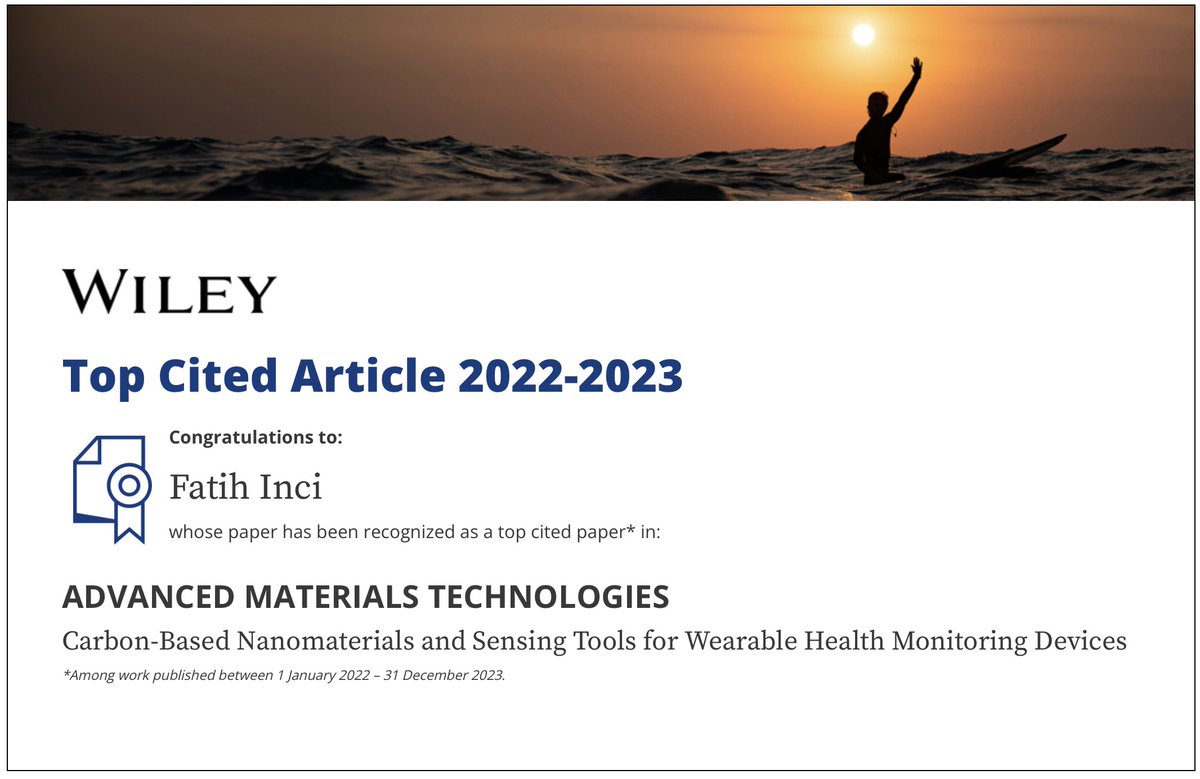 Fantastic News! Our article, which was published in Advanced Materials Technologies, has been recognized as one of the #TopCitedArticle 
onlinelibrary.wiley.com/doi/full/10.10…

Huge congratulations to the team!! 👩🏻‍🔬👨🏻‍🔬🎉🤘🏻💪🏻🙏🧿
@AdvSciNews <a href="/incilab_tr/">incilab</a> <a href="/BilkentUniv/">Bilkent Üniversitesi</a> <a href="/bilkentunam/">Bilkent UNAM</a>