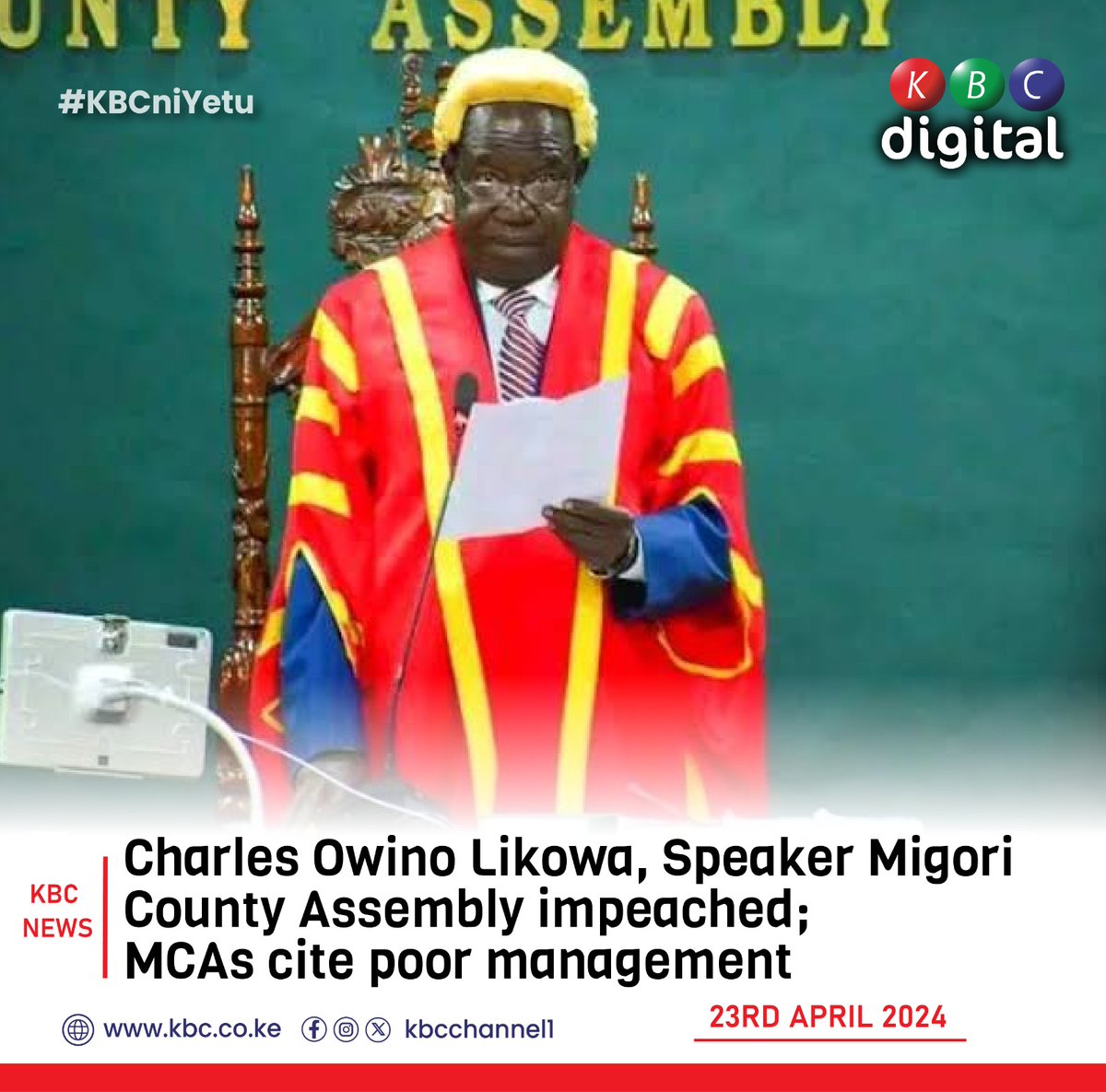 Charles Owino Likowa, Speaker Migori County Assembly impeached; MCAs cite poor management. #KBCniYetu^EM