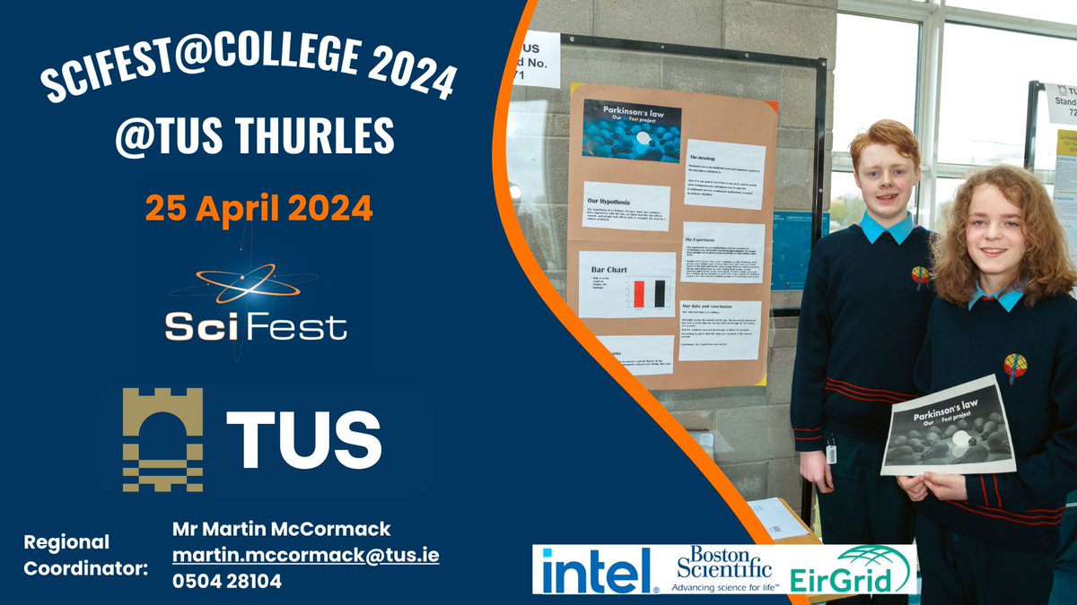 We’re looking forward to welcoming students from across Tipperary to our Thurles campus on Thursday, 25th April for SciFest 2024. We’re excited to see lots of great projects again this year! #SciFest #WeAreTUS @SciFest4STEM