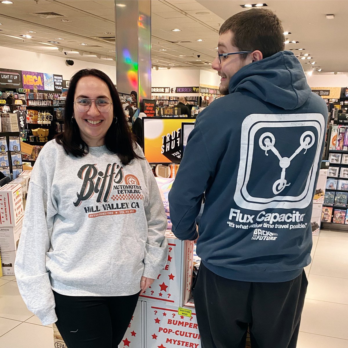 #TruffleShuffle reductions? You heard right! Including these #BacktotheFuture jumpers as modelled by Tommy and Chloe. Biff’s Automotive Dealing jumper was £49.99 now £39.99. Flux Capacitor Hoodie was £62.99 now £49.99. @truffleshuffle_