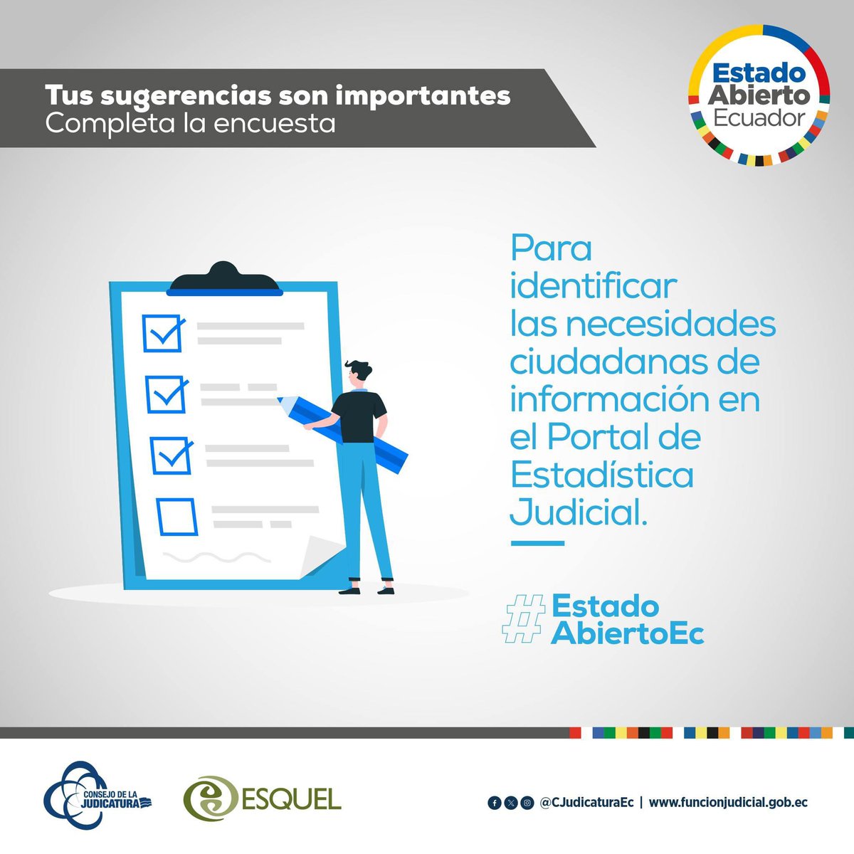 ¡Tu opinión importa! El @CJudicaturaEc y la @FundacionEsquel te invitan a participar en la encuesta sobre el Portal de Estadística Judicial. Buscamos transformar la relación entre la #FunciónJudicial y la sociedad, apostando por la transparencia, el acceso a la información y la…