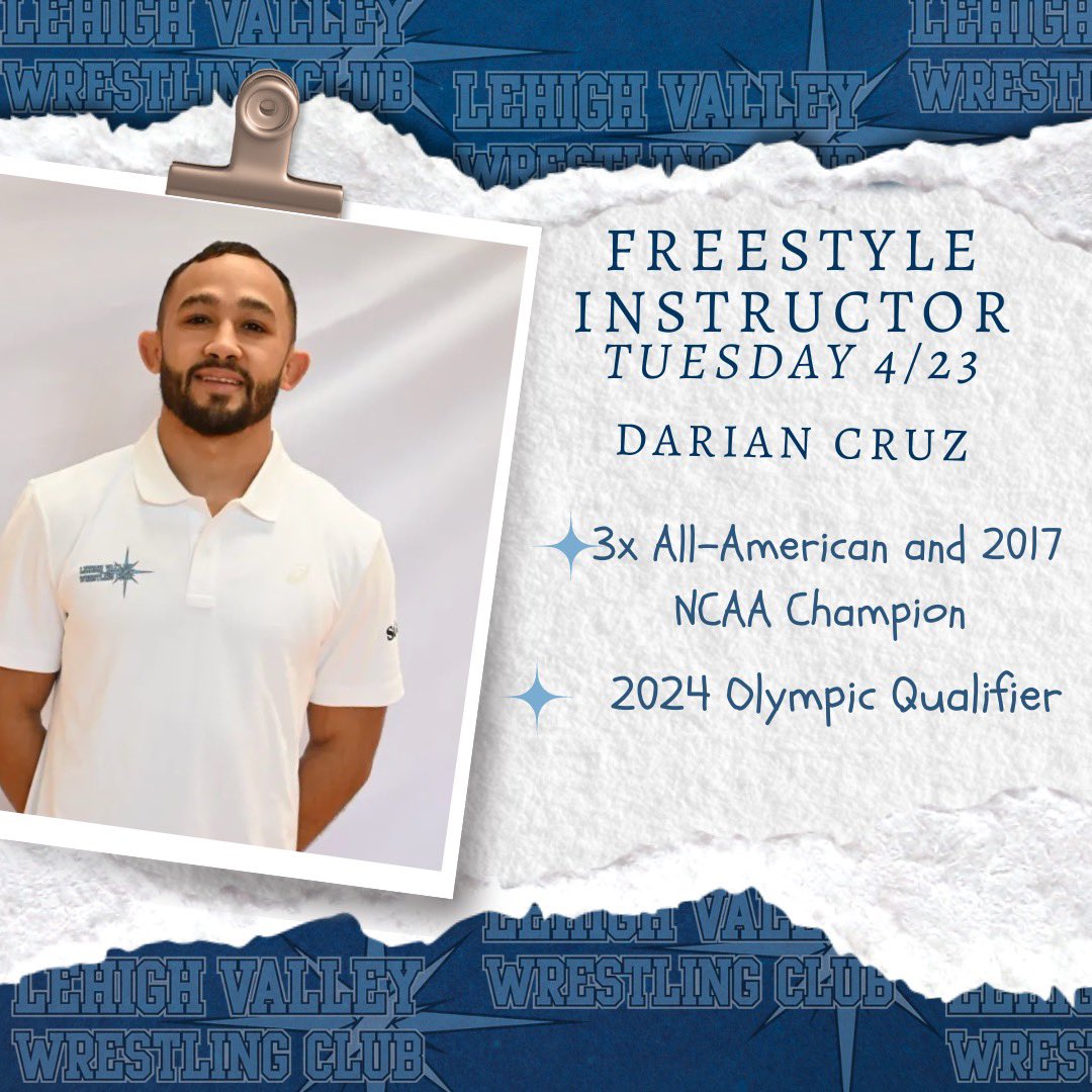 Tonight’s instructor is Olympic Qualifier @dariantoicruz 📍Liberty HS Wrestling Room 🕰️ 5:30pm 🤼‍♂️ All Lehigh Valley Area Boys and Girls grades 7-12 are welcome! *Must have an active USA Wrestling Membership @LVACW @LHSGirlsWrestle @kmac120