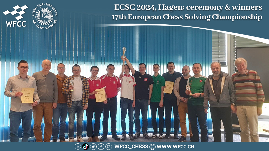 Wfcc_Chess's tweet photo. Thanks a lot, to the team of organizers and judges of 5(!) competitions who worked hard to make this event memorable!
#ECSC #Hagen #Open_Solving #selfmate #chess_composition #helpmate #mate #harmony #economy #worldcup #helpselfmate #tempomove #ODT #wfcc #chess_solving https://t.co/Dt2FqAx7eV